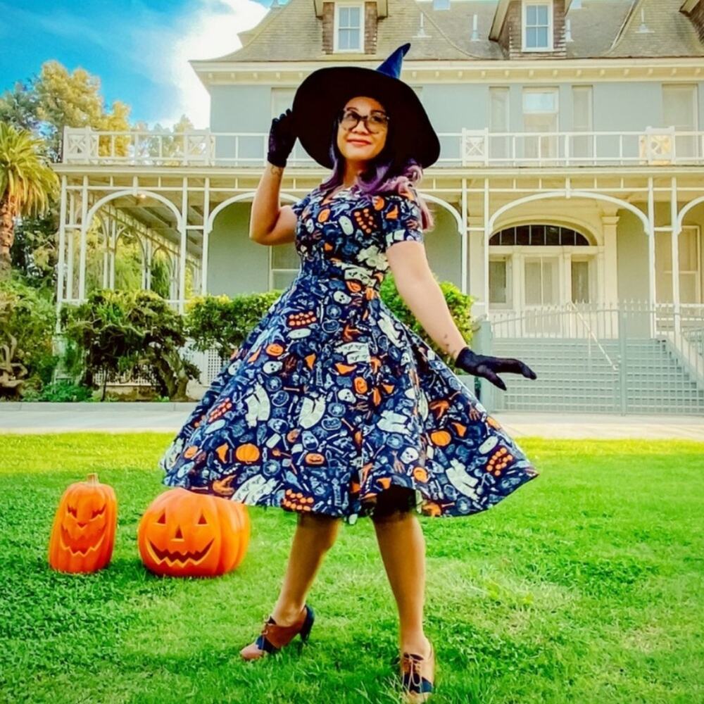 Unique Vintage Magnolia Place Halloween Goth Witch Dress Sz L skull - Picture 2 of 8